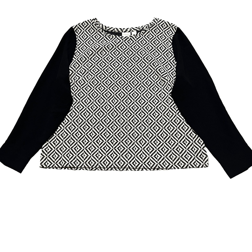 Chico's Womens Textured Geometric Pullover Top Size 2 Large Black White Stretch